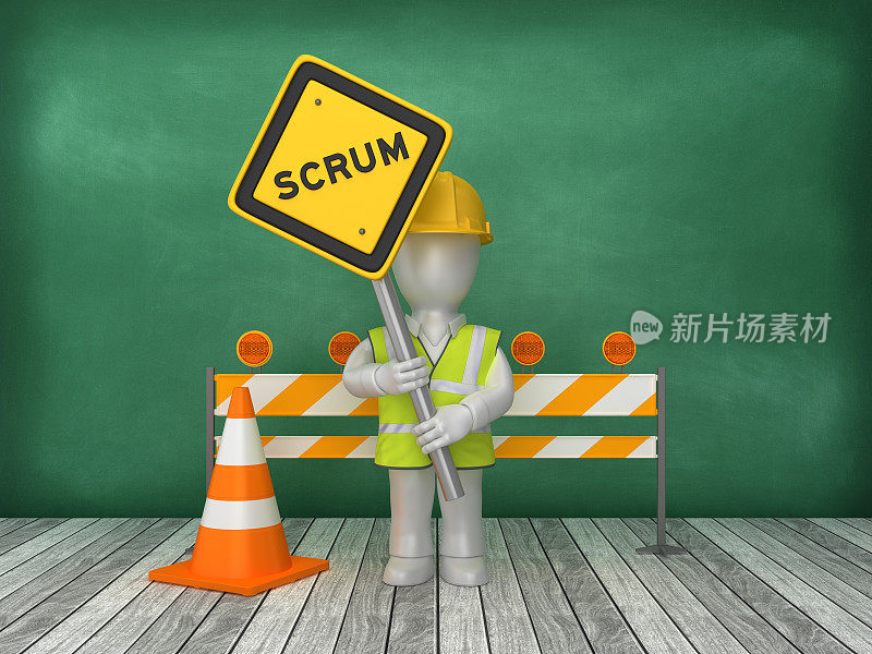 SCRUM路标建筑工地的黑板背景- 3D渲染